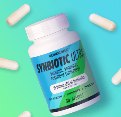 A bottle of Synbiotic Ultra surrounded by capsules