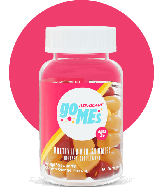 GO MEs™ Multivitamin Gummies bottle with a large pink circle behind it