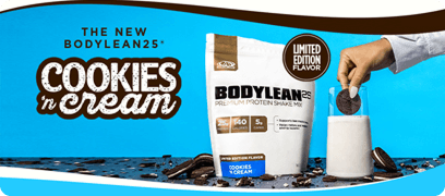 BodyLean25® Cookies & Cream 13 Serving Bag next to a glass of milk with a cookie being dipped in it.