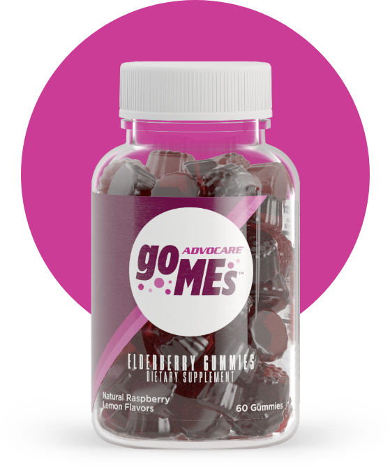 GO MEs™ Elderberry Gummies bottle with a large purple circle behind it