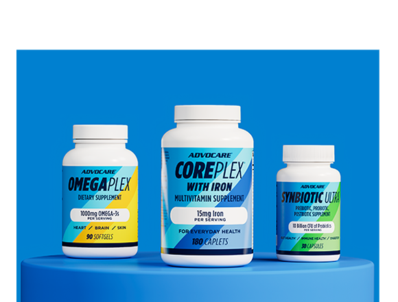 AdvoCare OmegaPlex Coreplex with Iron and Synbiotic Ultra sitting on a blue platform.