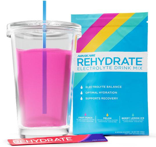 Rehydrate Sample Pack pouch, stick pack, and cup with Rehydrate