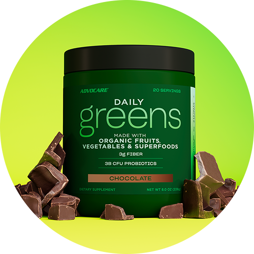 Daily Greens Chocolate Canister next to chocolate pieces.