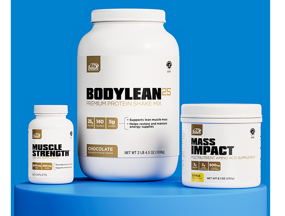 AdvoCare Muscle Strength, BodyLean25 and Mass Impact sitting on a blue platform.
