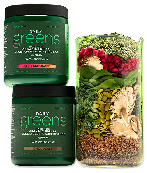 Stacked Daily Greens canisters next to a superfood mix in a jar.