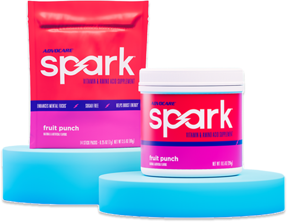 Spark Fruit Punch Stick Pack bag and Canister on blue platforms.