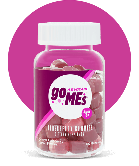 GO MEs™ Elderberry Gummies bottle with a large purple circle behind it