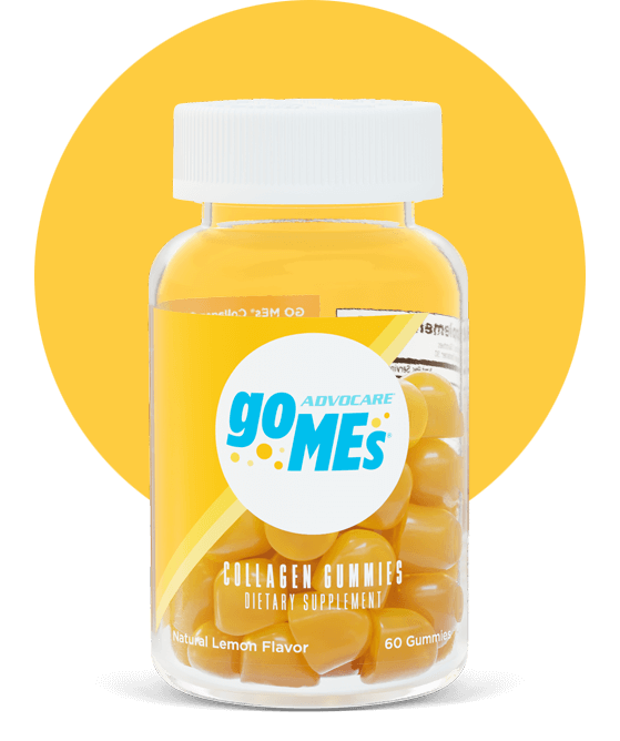 GO MEs™ Collagen Gummies bottle with a large yellow circle behind it