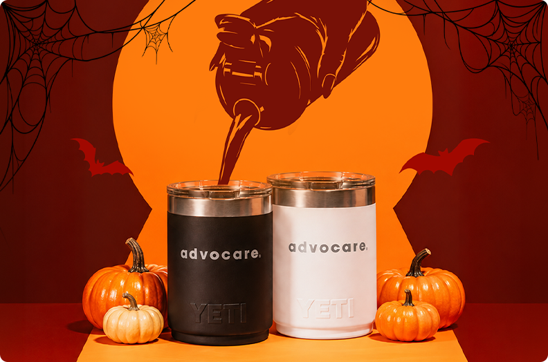 AdvoCare branded Yeti cups against a Halloween background